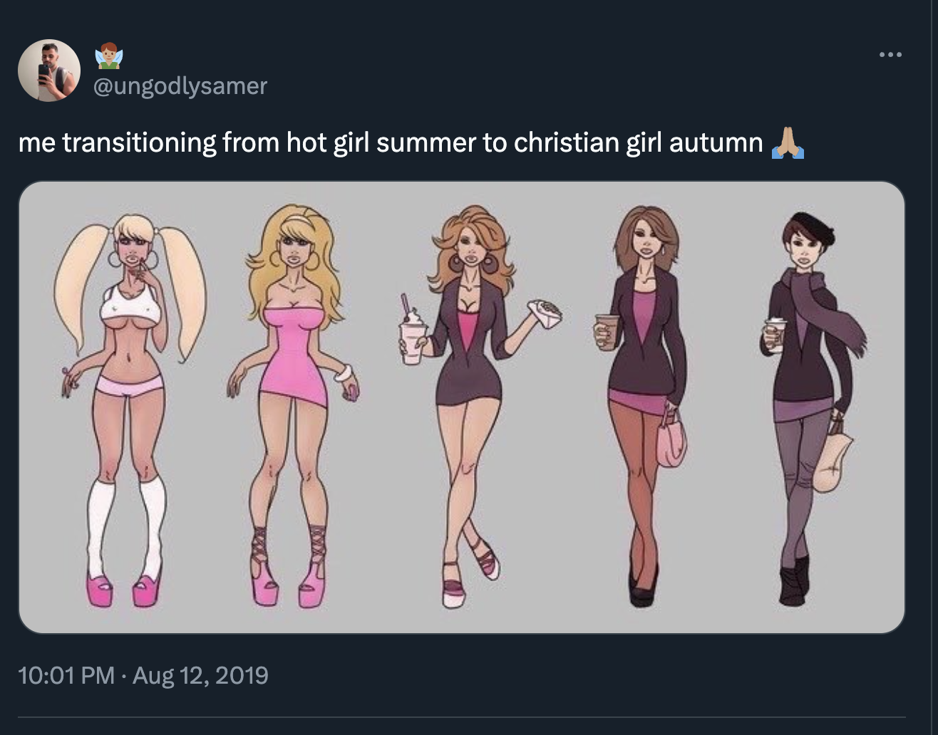 cartoon - me transitioning from hot girl summer to christian girl autumn,